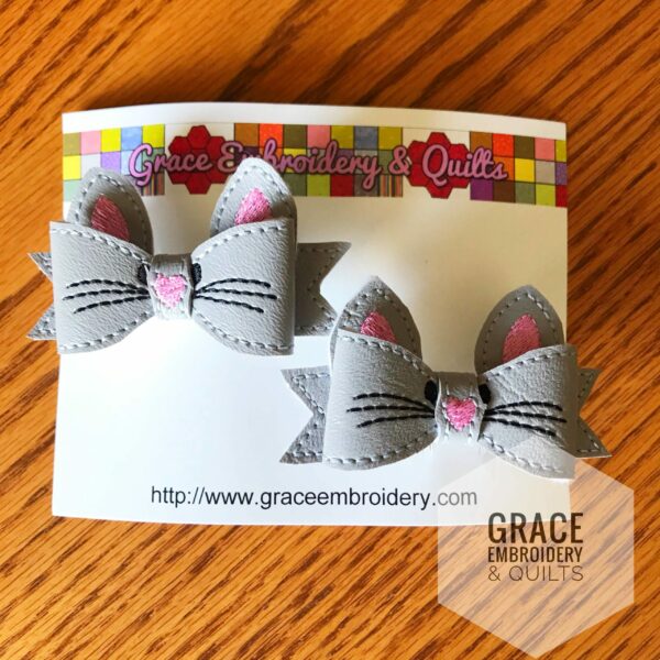 Cat Hair Bow, set of 2, kitty hair bow, vinyl bow, Embroidered