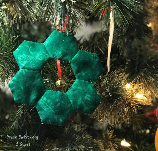 Hexagon Fabric Wreath Ornament with bell, Ready to Ship, hostess gift, teacher gift