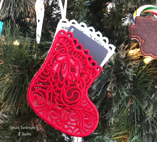 Large Lace Stocking Pocket Ornament, Gift Card Holder