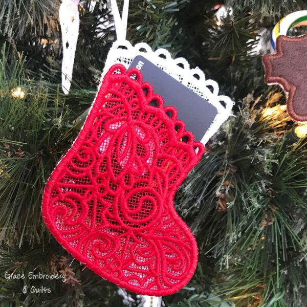 Large Lace Stocking Pocket Ornament, Gift Card Holder
